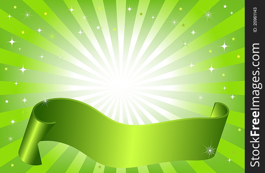 Abstract vector green frame with rays, stars and wave ribbon. Abstract vector green frame with rays, stars and wave ribbon