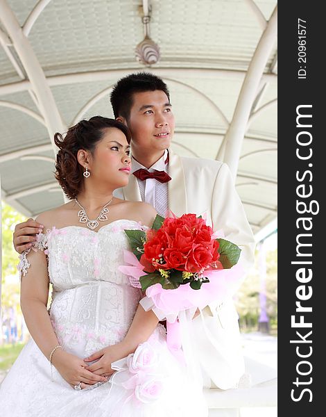 Wedding suit of couple outdoor light shallow depth of field