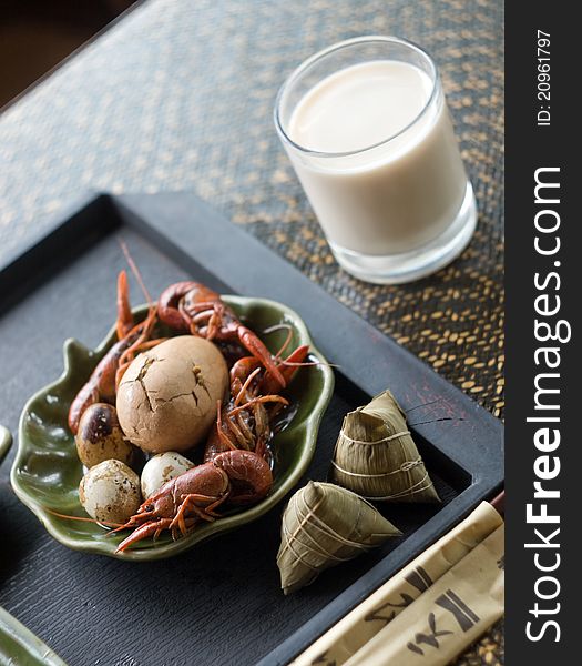 Chinese food - Rice Dumpling, baked milk, egg, shrimps. Chinese food - Rice Dumpling, baked milk, egg, shrimps