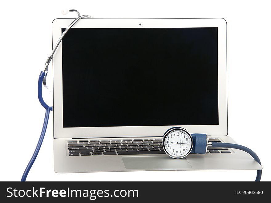 Modern popular laptop pc diagnostics doctor medical stethoscop support help isolated on a white background