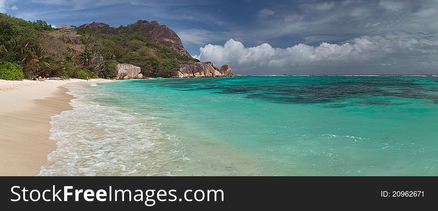 Tropical landscape panorama on La Digue Island in the Seychelles