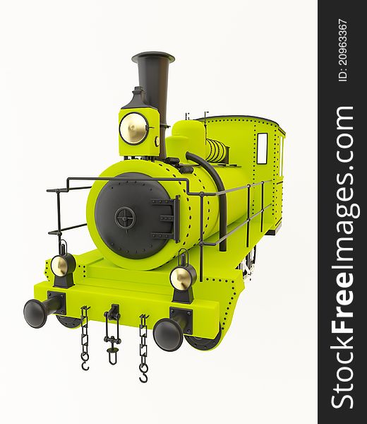 Green old steam train isolated on white background