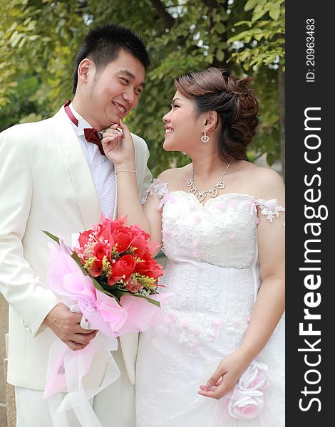 Wedding suit of couple outdoor light shallow depth of field