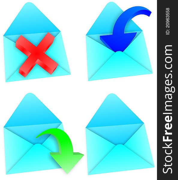 four blue envelope with a green arrow, red cross and a blue arrow. four blue envelope with a green arrow, red cross and a blue arrow
