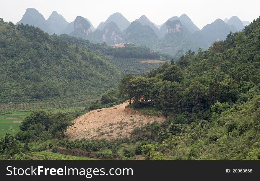 Mountain and rice fields of Yangshuo. China, Guilin, Asia.