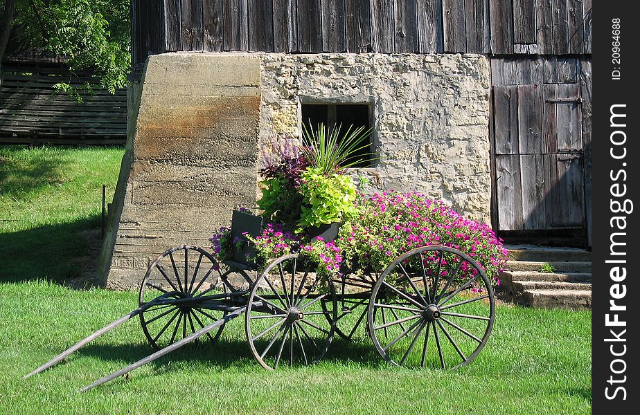 Flowers on horse drawn wagon next to a barn. Flowers on horse drawn wagon next to a barn