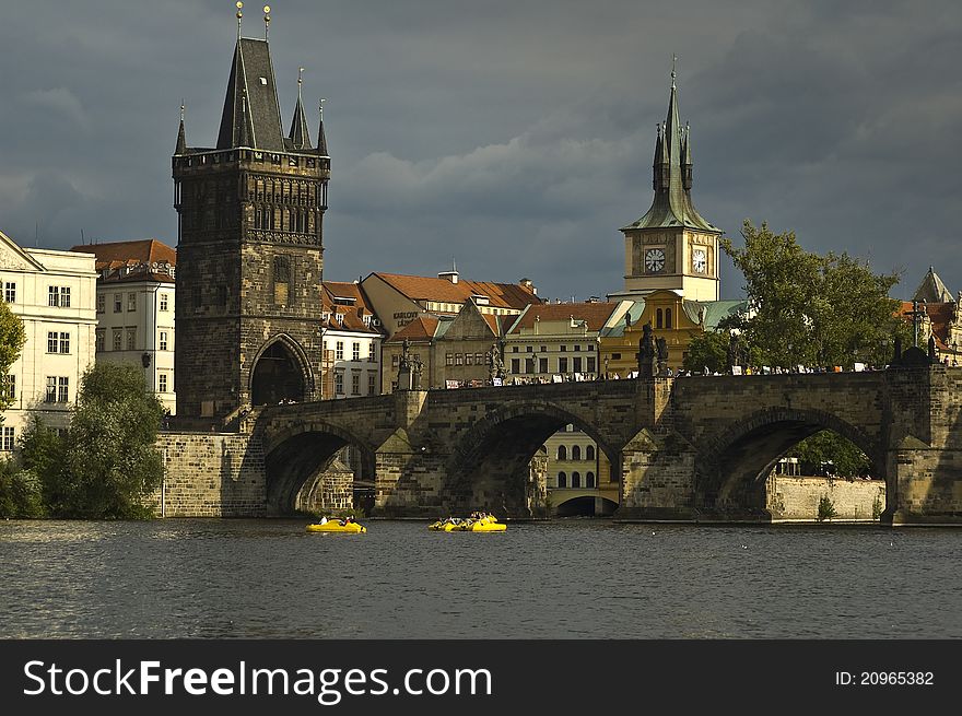 View of old city Prague - czek republic with Vltava river and Charles Bridge