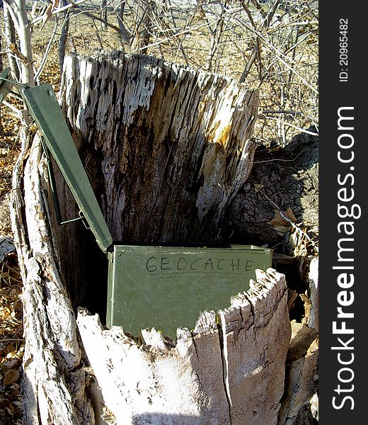 Image of a ammo can geocache in a stump