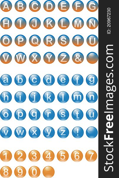 Buttons in the form of glass spheres of dark blue, orange and blue-orange color on which the English alphabet and figures is represented. Buttons in the form of glass spheres of dark blue, orange and blue-orange color on which the English alphabet and figures is represented