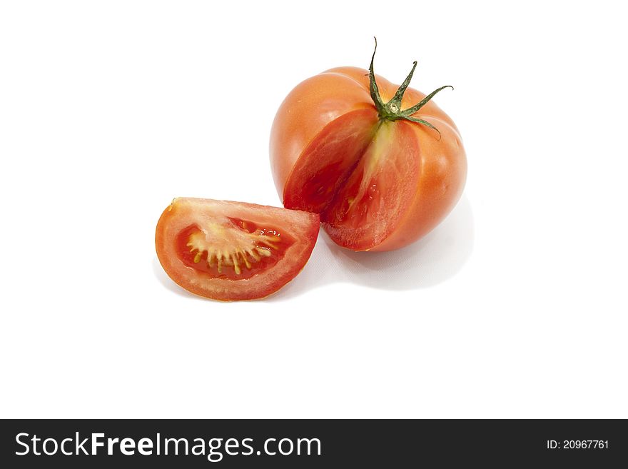 Sweet and juicy tomato on white background