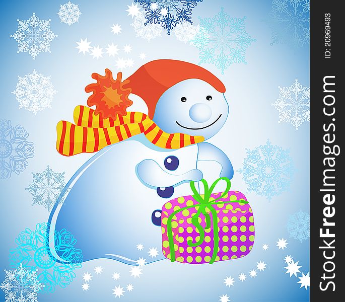 Background with snowman, gift  and snow