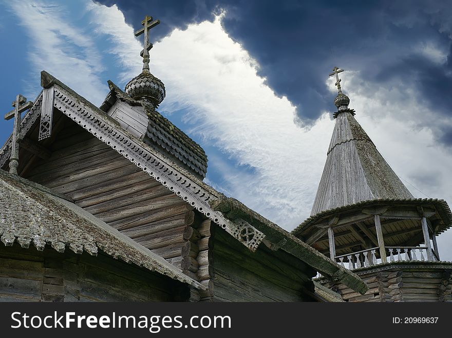 The typical wooden churches architecture in small villages in North Russia