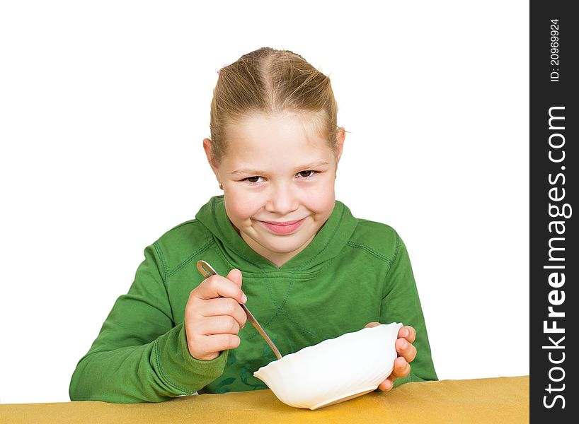 Girl eats isolated on white