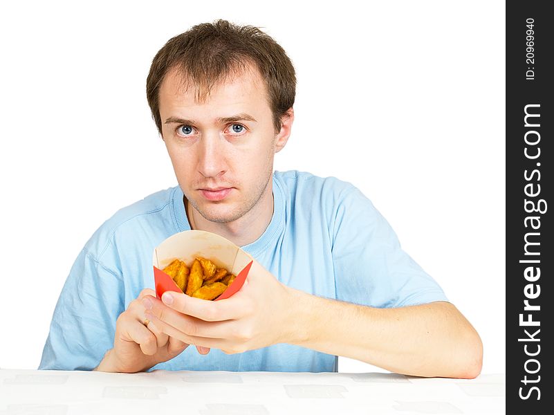Man Eats French Fries Isolated