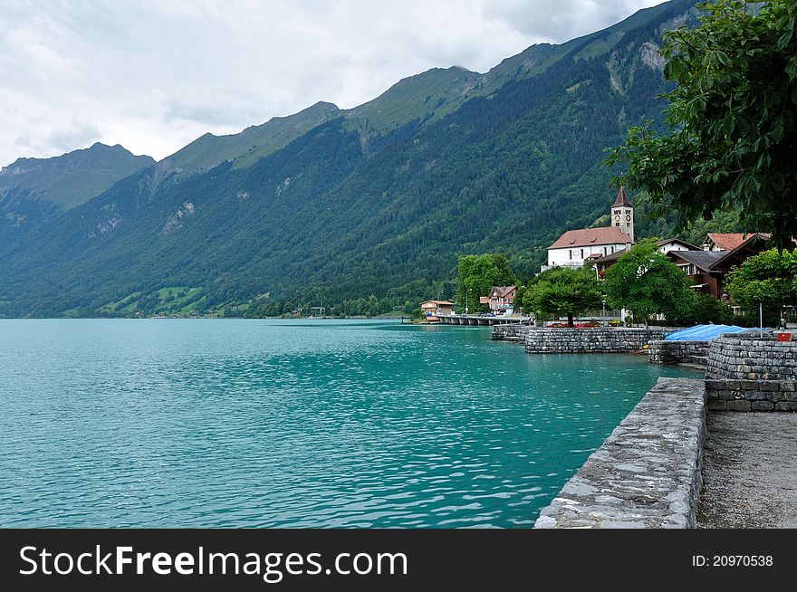 Swiss landscape of lake and town Brienz