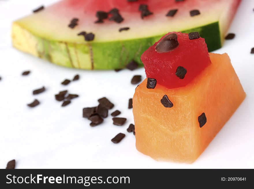 Macro Melons Cubes with Chocolate Chip topping. Macro Melons Cubes with Chocolate Chip topping