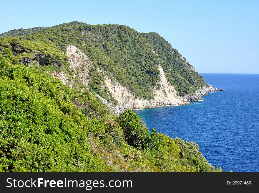 The view from Lopud island to the cliff shore & the open sea. The view from Lopud island to the cliff shore & the open sea.