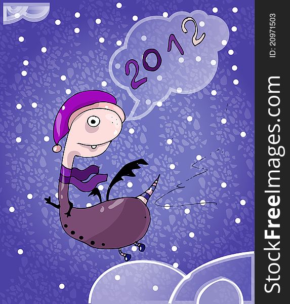Cartoon dragon Ia purple scarf flying on the sky. Cartoon dragon Ia purple scarf flying on the sky