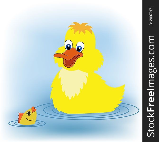 A yellow duckling speaks with coming up fish. A yellow duckling speaks with coming up fish