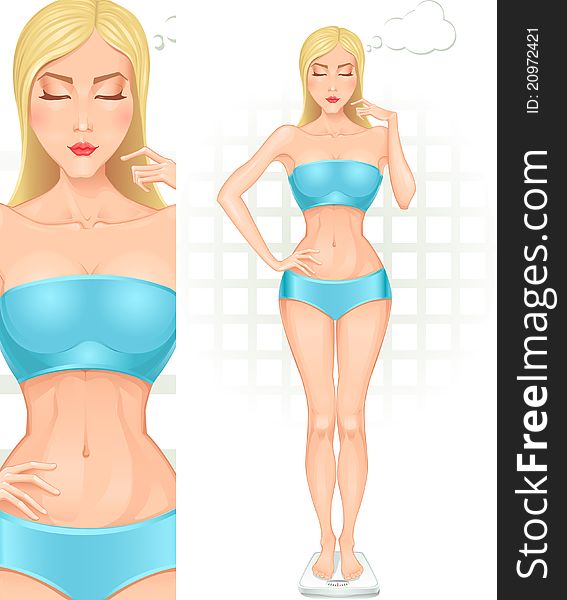 Girl in full growth weighing herself - Vector. With an enlarged preview.