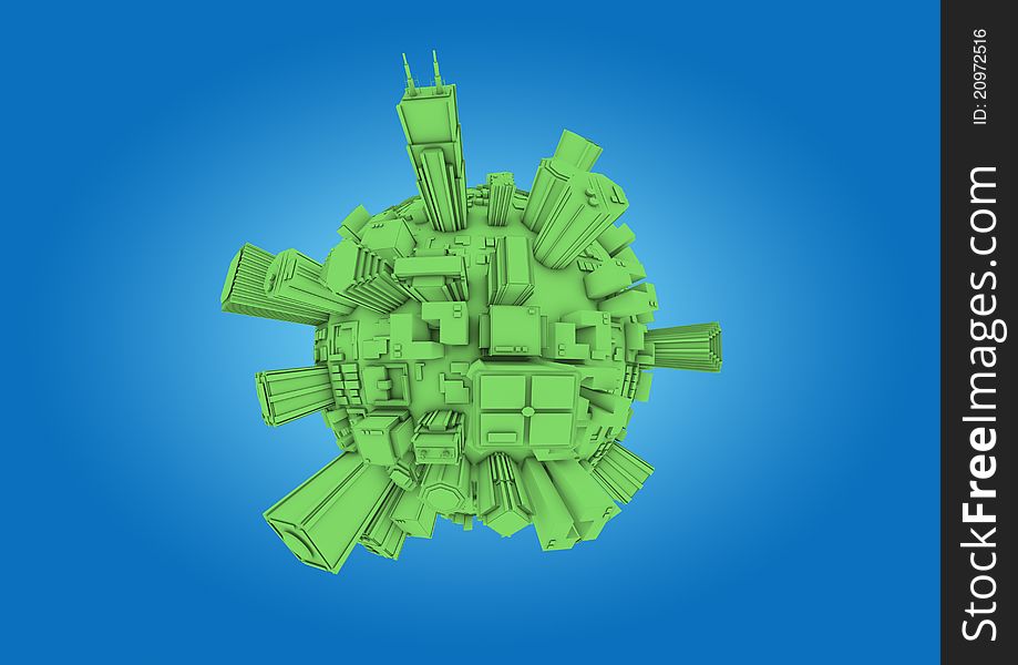 Render of a tiny planet with a city. Render of a tiny planet with a city