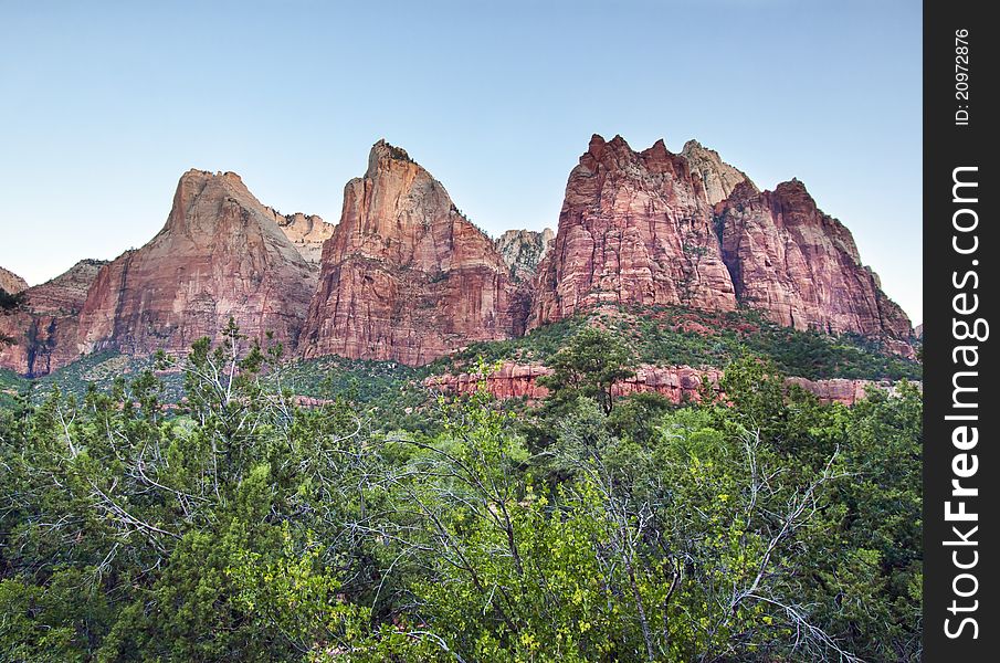 Sunrise over the Three Patriarchs in Zion Canyon National Park, Utah, USA