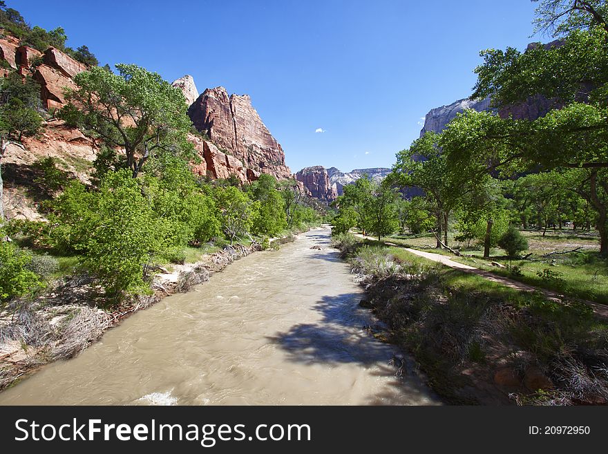 Muddy river in the Zion Canyon National Park, Utah