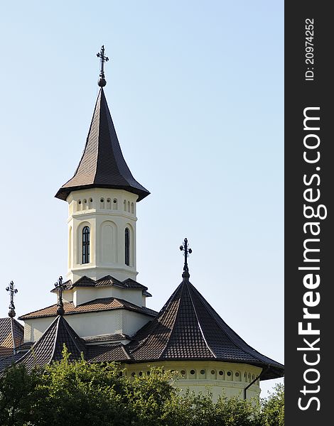 Exterior of romanian monastery towers