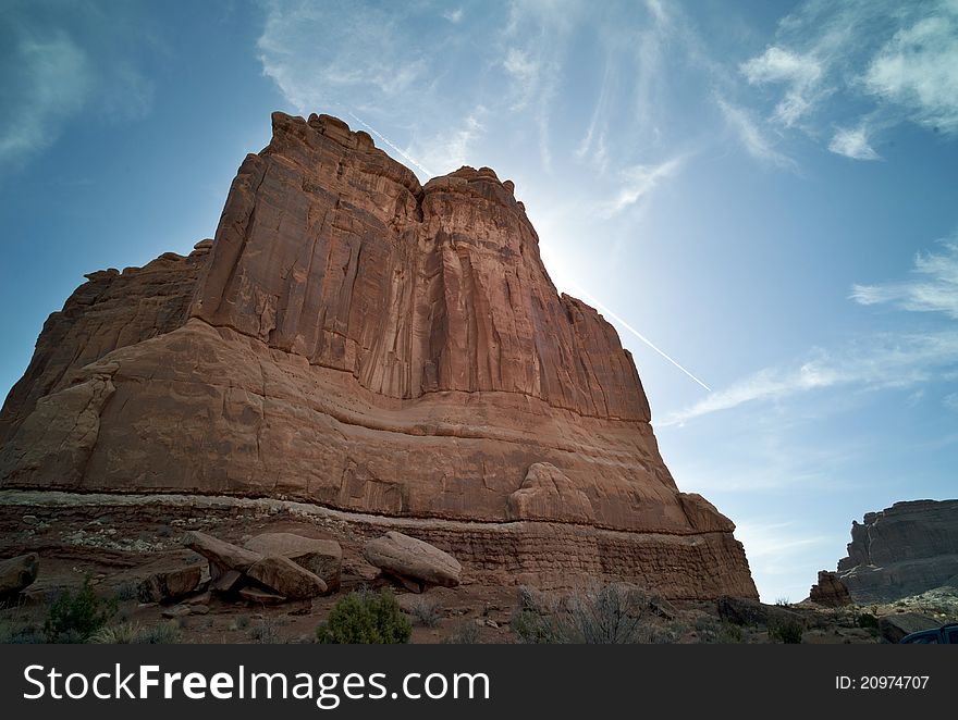 Arches National Park with dramatic late-day sun.