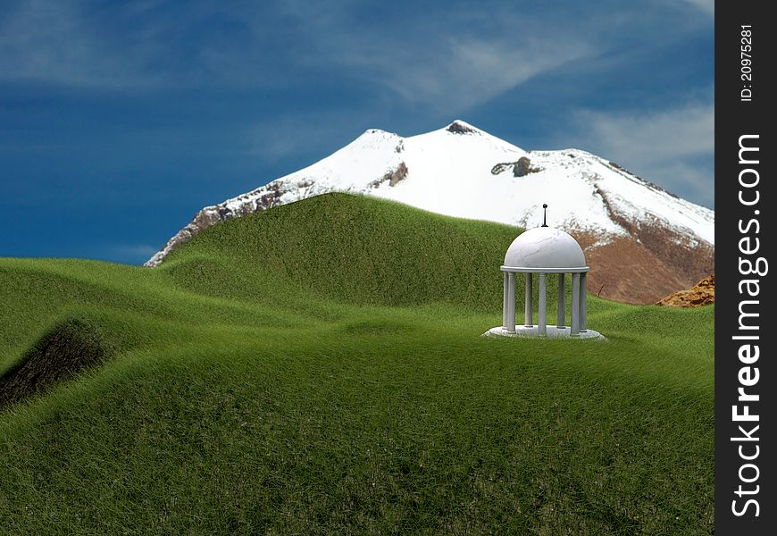 White temple in green grass