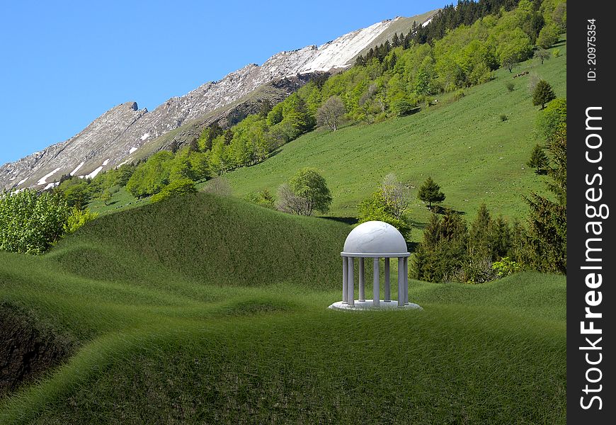 White temple in green grass