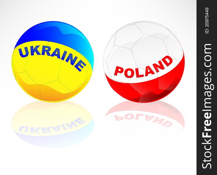 Two soccer balls with Ukraine and Poland flags isolated on white. Two soccer balls with Ukraine and Poland flags isolated on white.