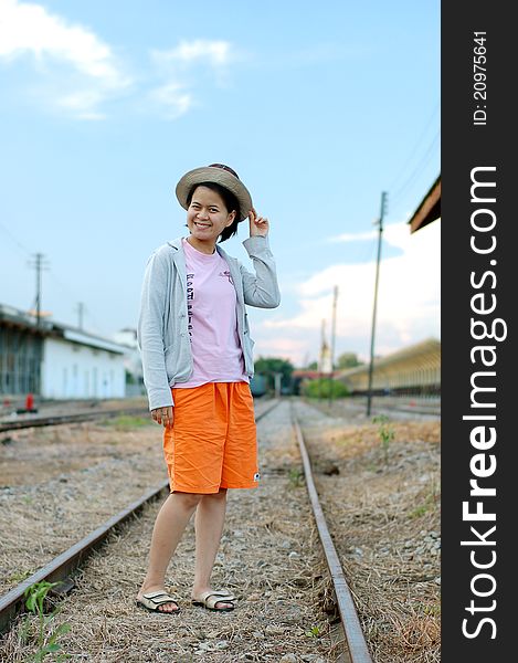 Portrait of Asian thai girl in a railway