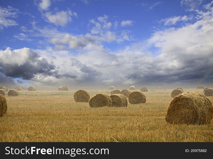 Straw bales on farmland with cloudy sky