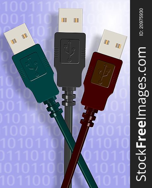 Three USB plugs in different colors with binary code in the background. Three USB plugs in different colors with binary code in the background