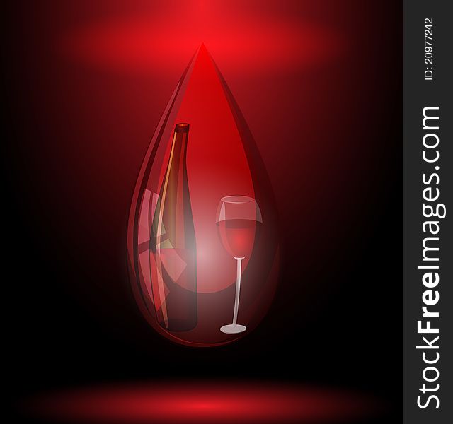 On a dark background is a large stylized drop of red wine. On a dark background is a large stylized drop of red wine