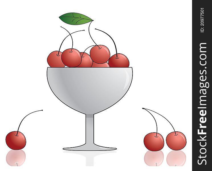 Red cherry in bowl. Vector illustration.