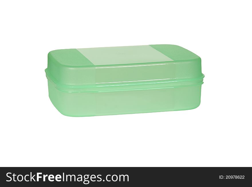 Isolated green plastic container, white background.