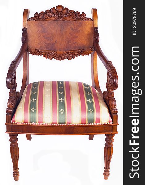 Ancient wooden chair with soft sitting on a white background. Ancient wooden chair with soft sitting on a white background