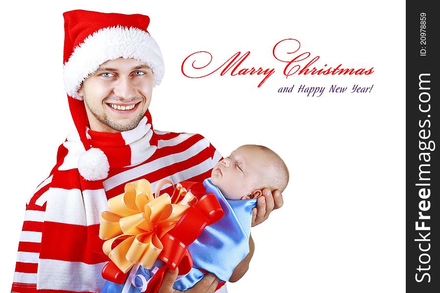 A men in a suit holding a Christmas a little child on a white background. A men in a suit holding a Christmas a little child on a white background