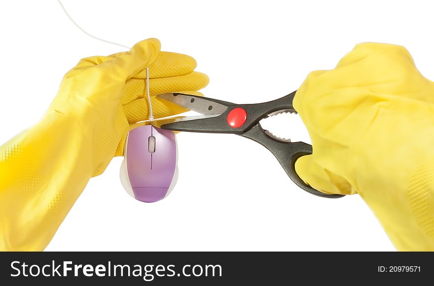 Hands in yellow gloves hold scissors and cutting cable of computer mouse, isolated on white background. Hands in yellow gloves hold scissors and cutting cable of computer mouse, isolated on white background