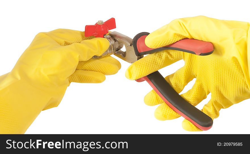 Hands in gloves with pliers, isolated on white background