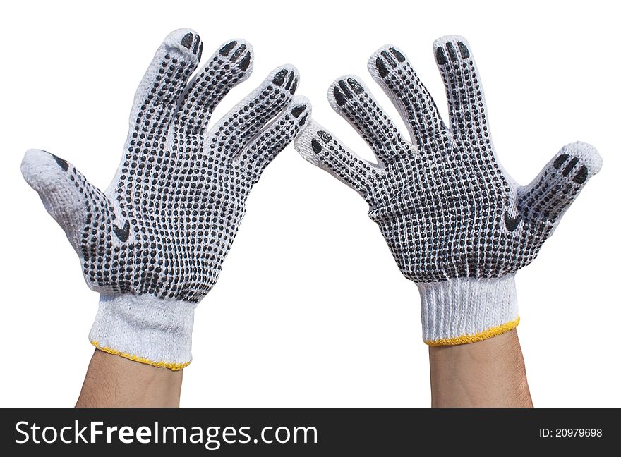 Hands in fabric protective gloves isolated on a white background