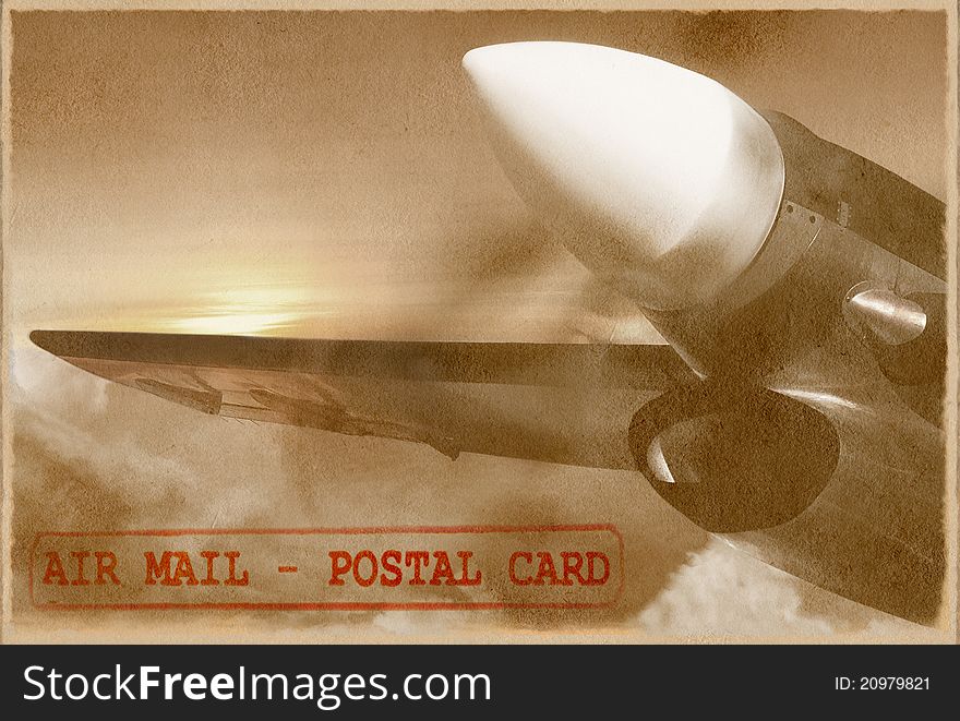 The close-up vintage airplane is takingoff in the beautiful sunrise sky on the retro designed air mail postal card. The sky area is free for your text. The close-up vintage airplane is takingoff in the beautiful sunrise sky on the retro designed air mail postal card. The sky area is free for your text.