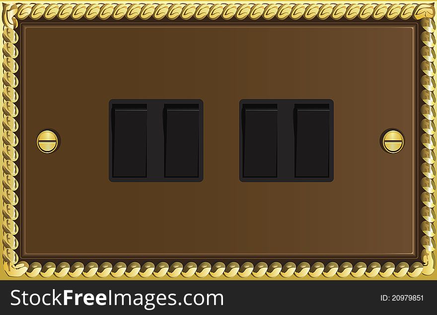 Illustration of double light switches with fancy brass border. Illustration of double light switches with fancy brass border