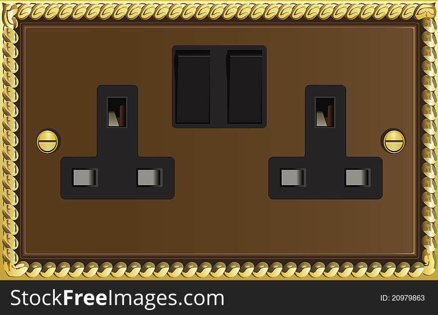 Illustration of a british twin plug socket outlet with fancy brass border. Illustration of a british twin plug socket outlet with fancy brass border