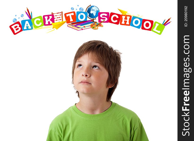 Boy looking with back to school theme isolated on white