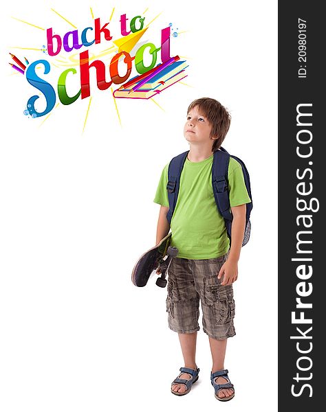 Kid with back to school theme isolated on white