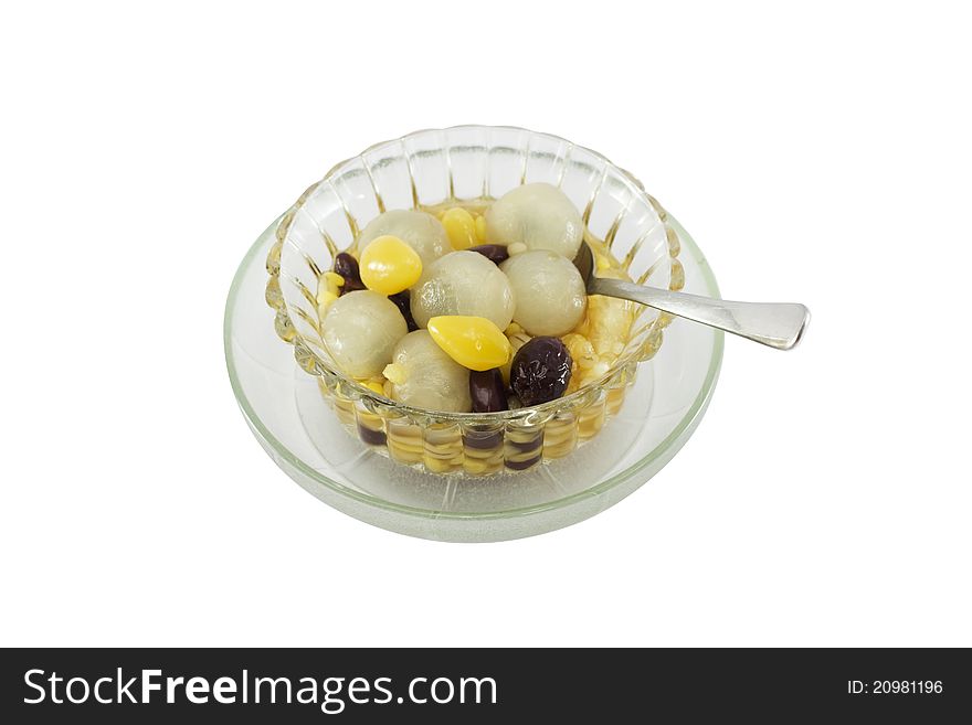 Traditional thai dessert with longan on white background isolate.