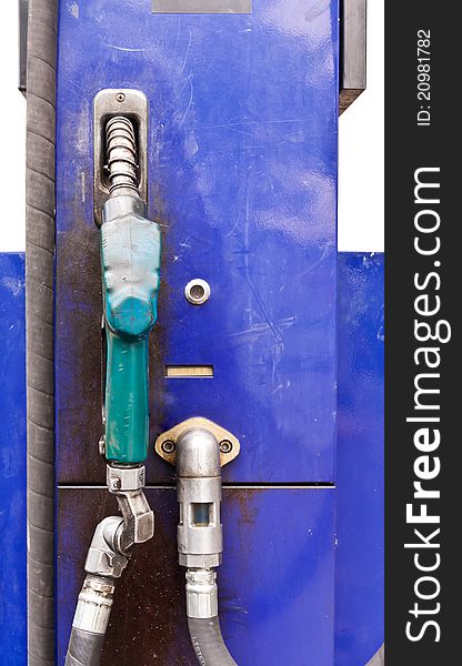 Blue metal dispensing fuel with green handle. Blue metal dispensing fuel with green handle